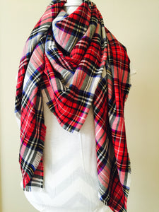 Red/Blue/White/Navy plaid blanket scarf